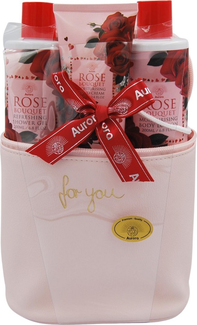 Aurora - zestaw prezentowy 4 kosmetyków w kosmetyczce zapach róża - żel pod prysznic, szampon, balsam do ciała, myjka do ciała