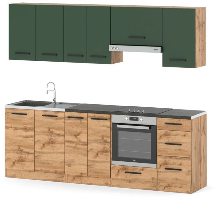 Kuchnia Modułowa Z Blatem 2.4m Drewniana Wotan Butelkowa Zieleń Dąb Wotan