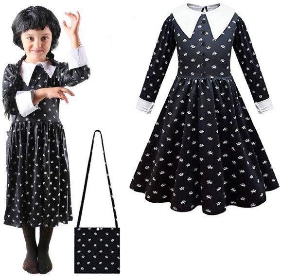 STRÓJ SUKIENKA DLA DZIECI WEDNESDAY ADDAMS MUNDUREK HALLOWEEN KARNAWAŁ 150