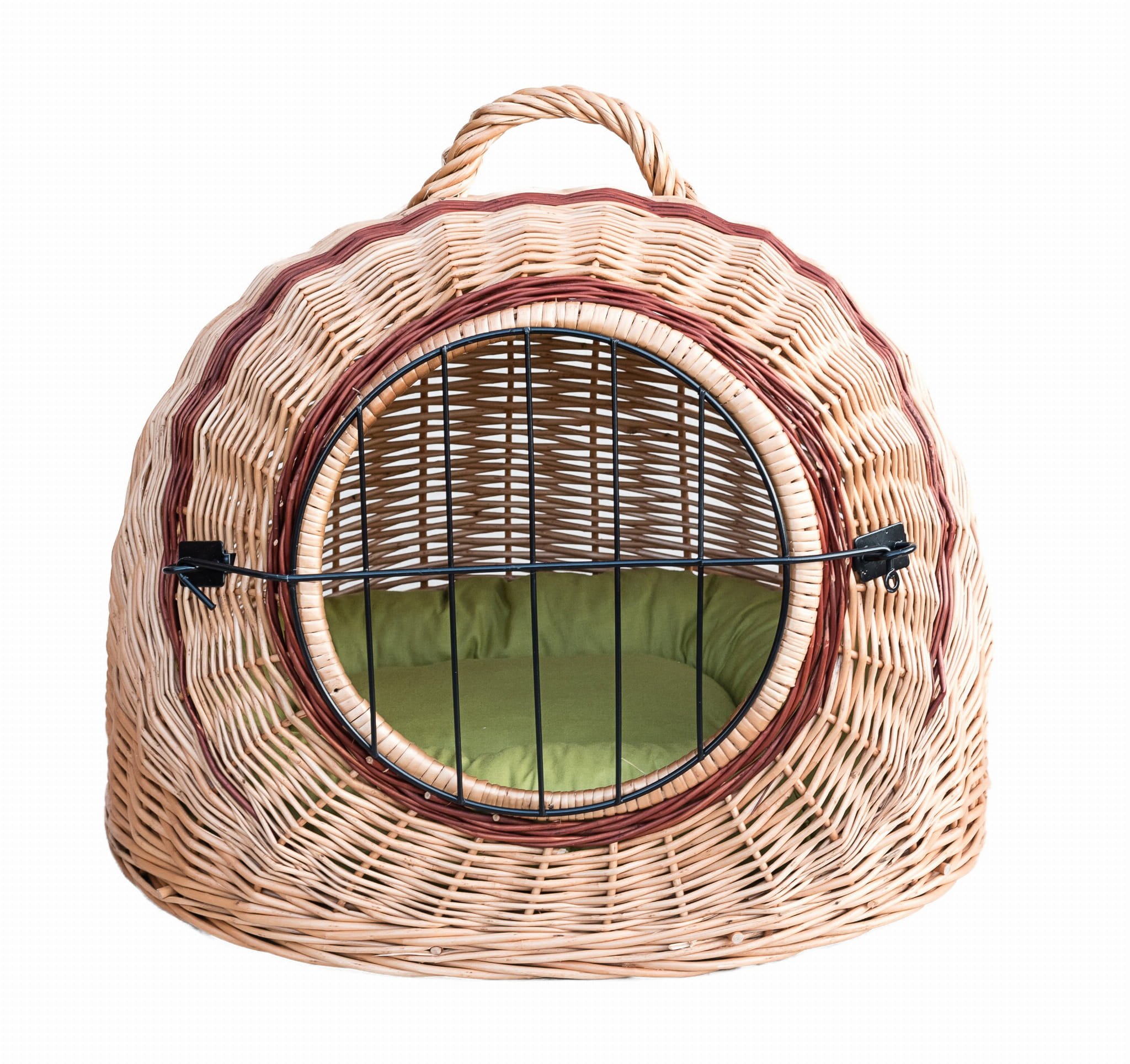 Wiklinowy transporter budka dla kota i innych zwierząt owalny kosz budka z metalowym zamknięciem i z poduszką