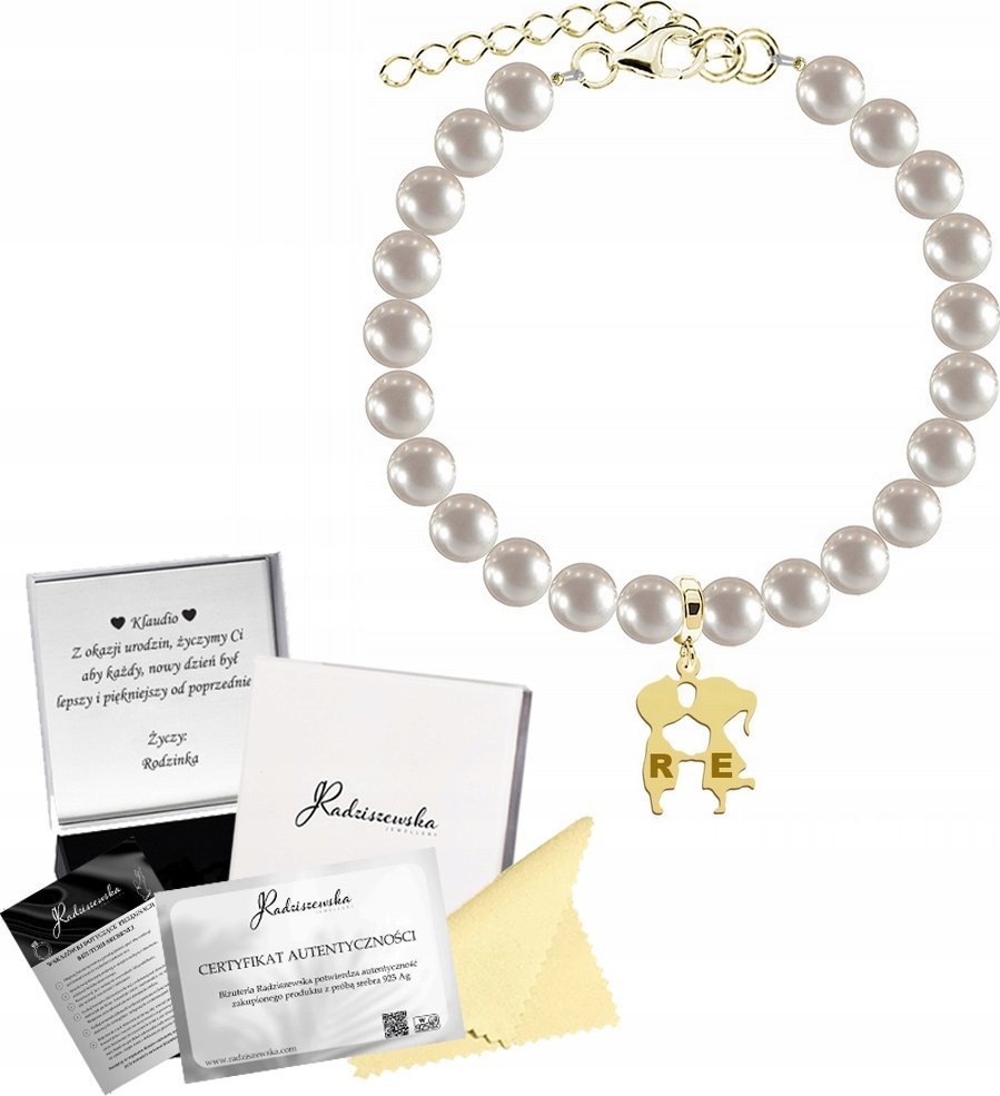 Radziszewska Jewellery ZŁOTA BRANSOLETKA Z PEREŁ ZAWIESZKA Z GRAWEREM SREBRO 925 PREZENT ŻYCZENIA