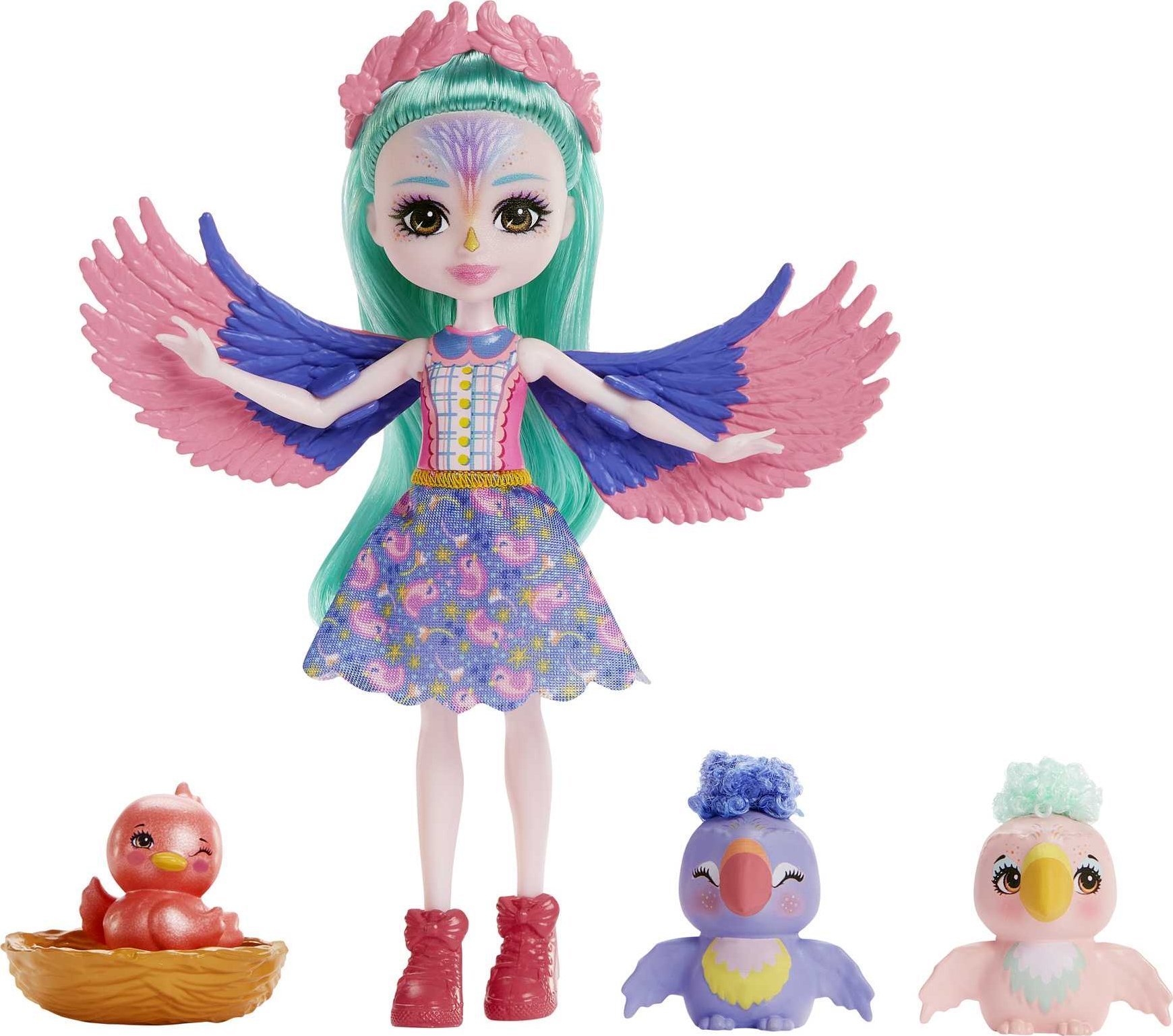 Mattel Enchantimals Rodzina Papugi Filia Finch Lalka + 3 figurki HKN15