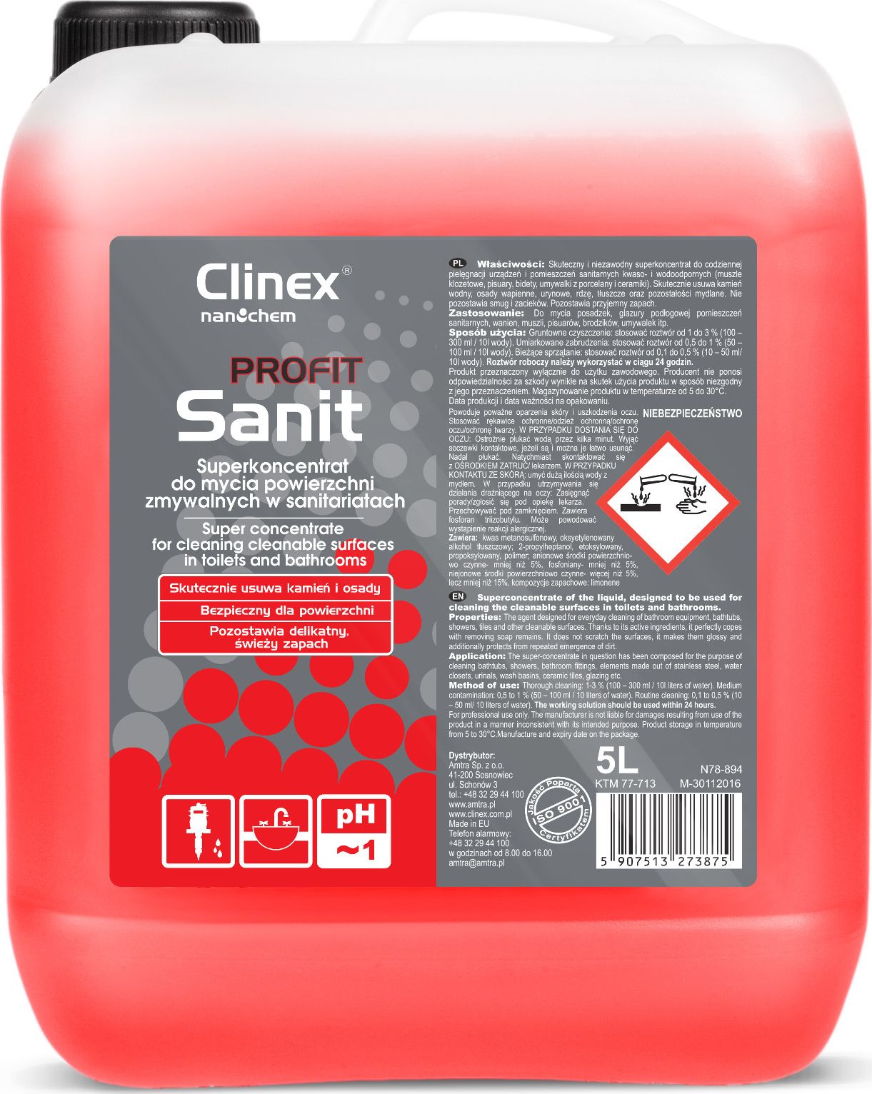 Clinex Silny koncentrat do mycia sanitariatów glazury wanien muszli pisuarów umywalek CLINEX PROFIT Sanit 5L Silny koncentrat do mycia sanitariatów gl
