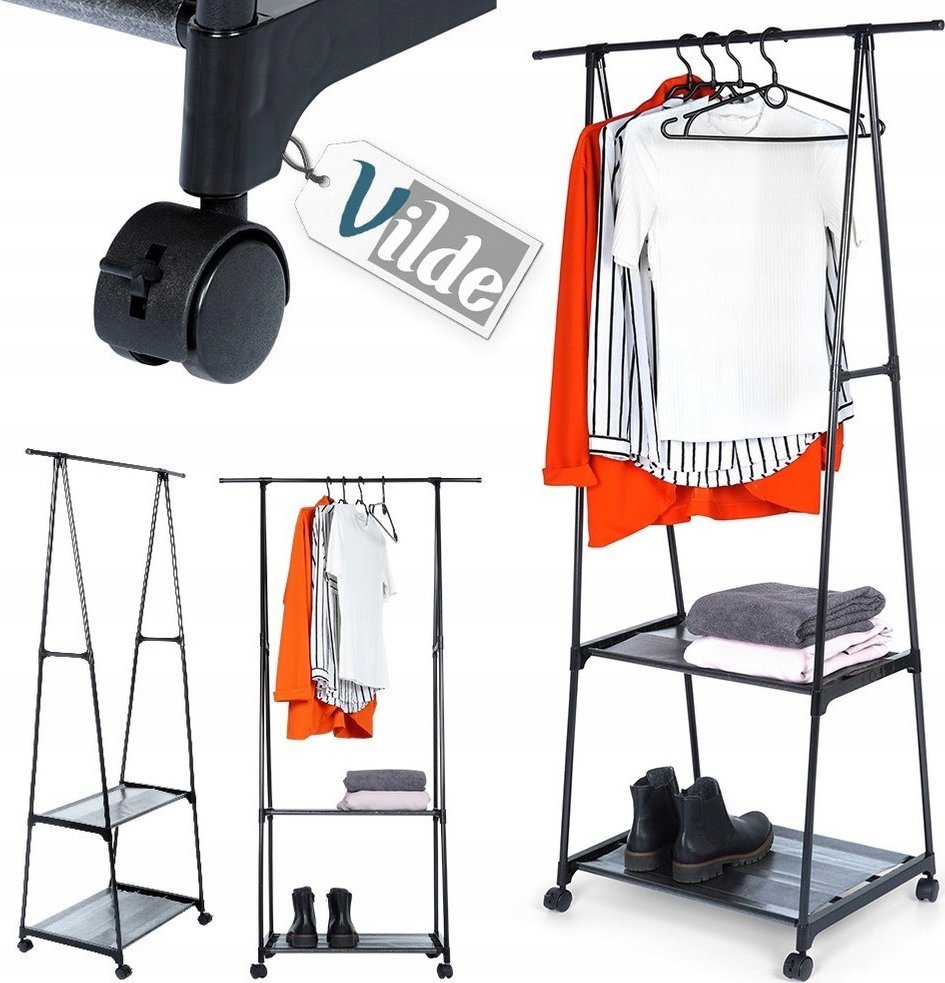 Vilde Wieszak stojący na ubrania metalowy czarny na kółkach 88x44x160 cm