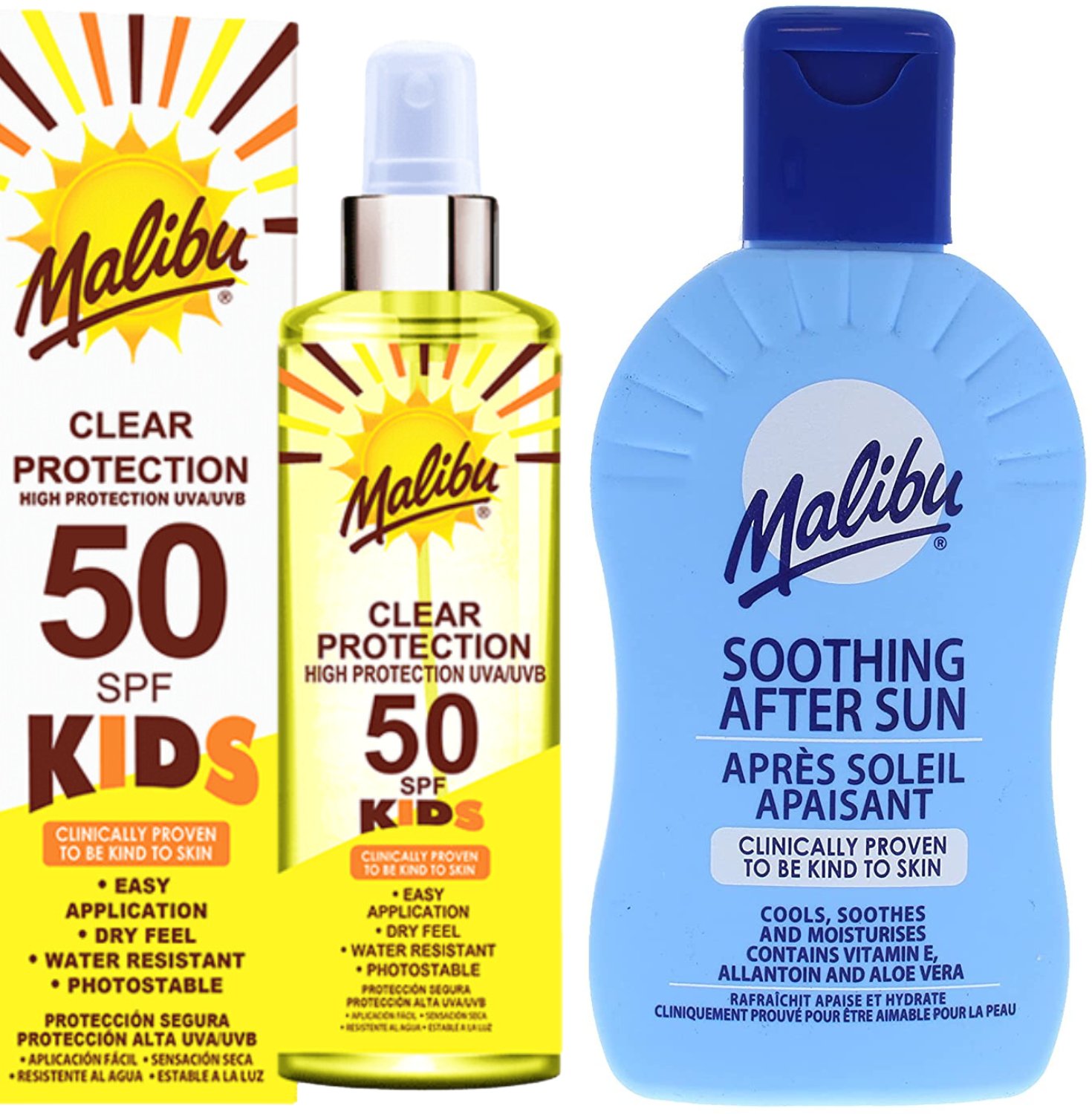 Malibu Bezbarwny Spray Dla Dzieci SPF50 250ml + Balsam Po Opalaniu 200ml