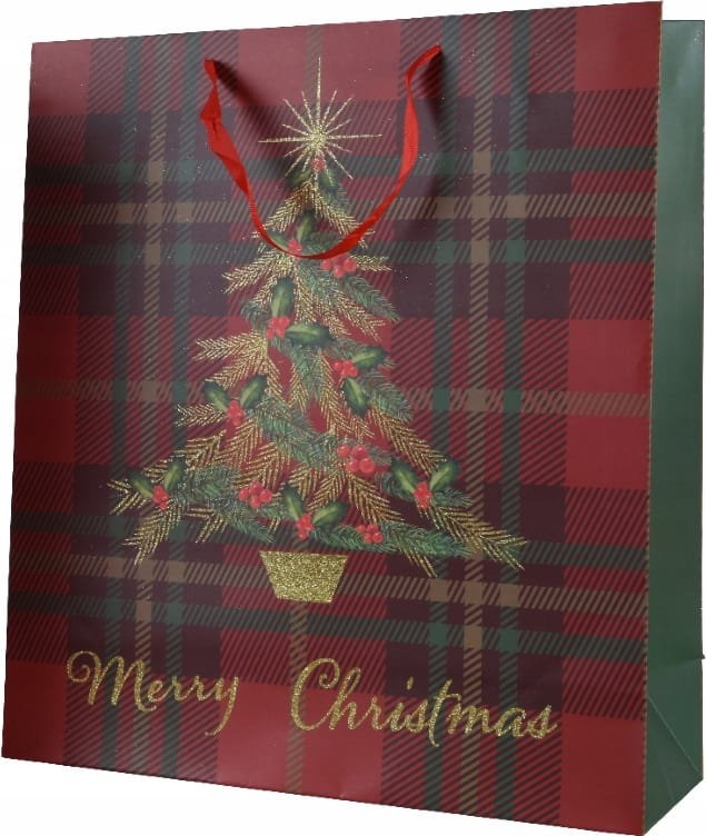Kaemingk Świąteczna torba prezentowa 12x30x42cm Duża w kratkę z choinką