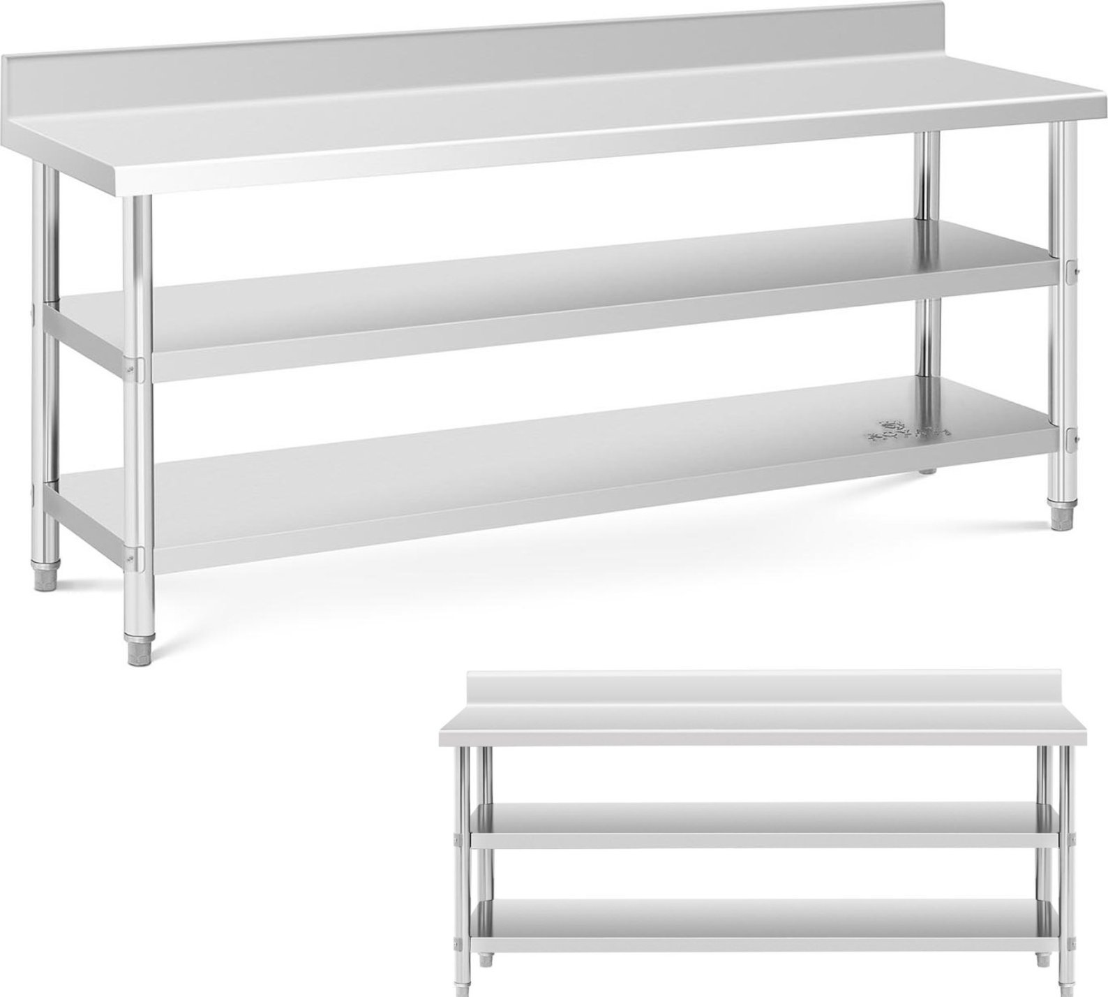 Royal Catering Stół blat roboczy stalowy nierdzewny przyścienny z rantem 2 półki 200x60cm Stół blat roboczy stalowy nierdzewny przyścienny z rantem 2