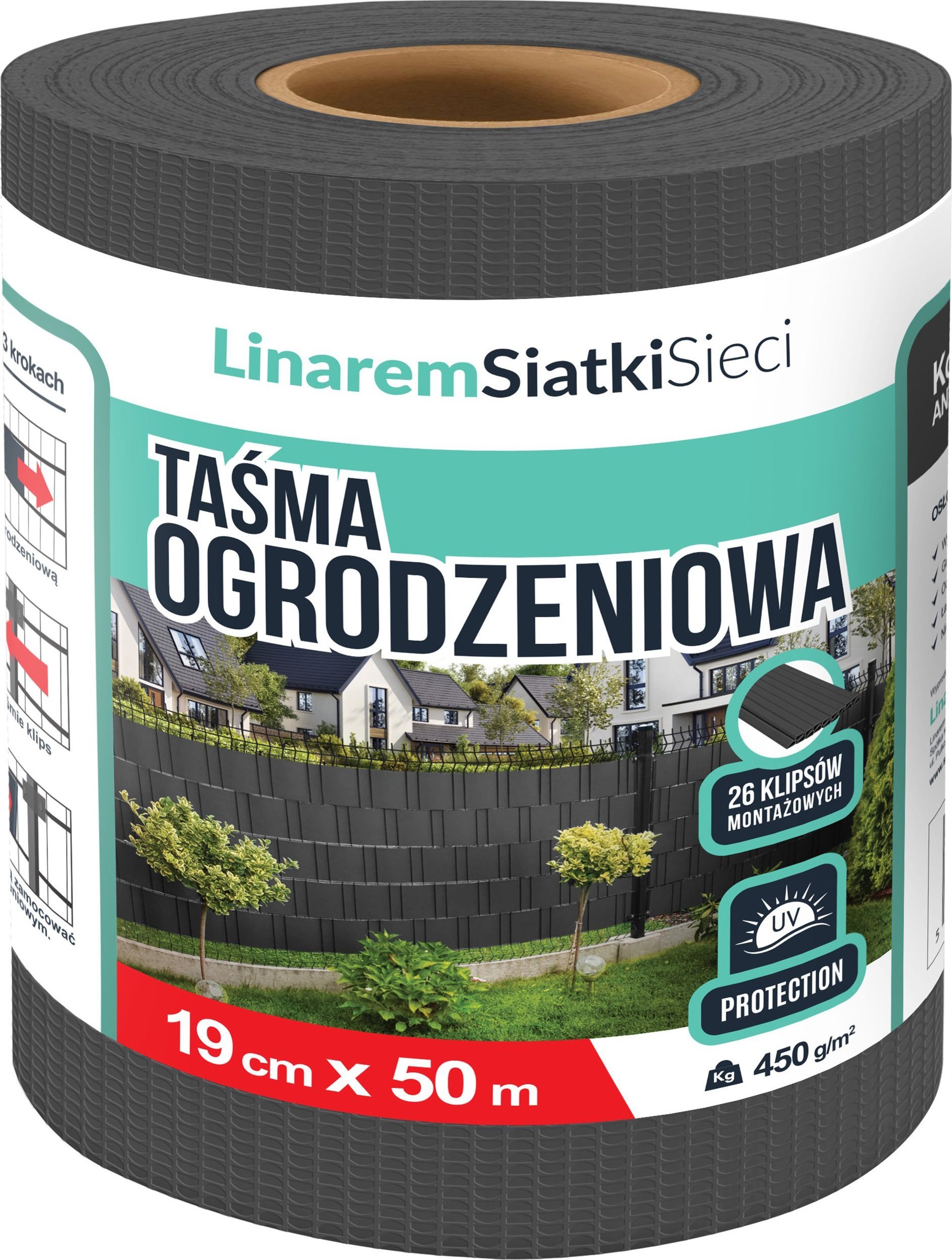 Linarem SiatkiSieci TAŚMA OGRODZENIOWA ANTRACYT 19cmx50m OSŁONA NA OGRODZENIE PANELOWE PŁOT +UV
