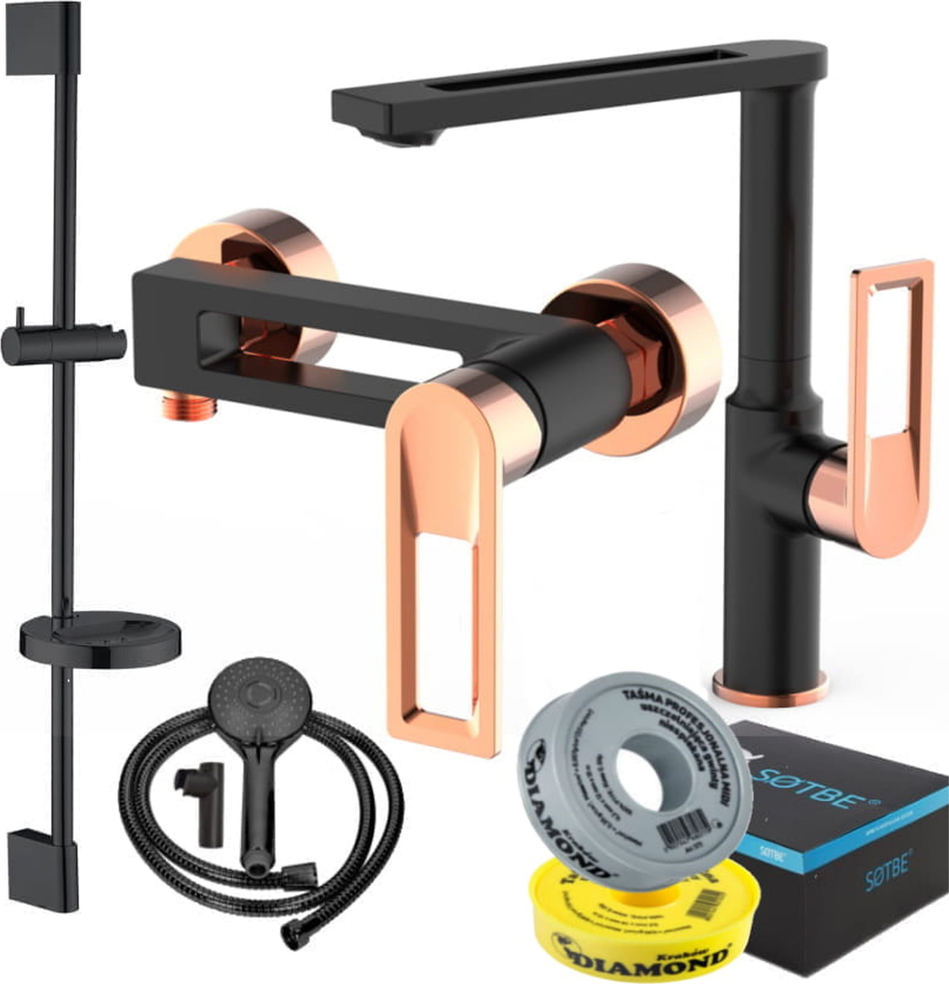 Sotbe SOTBE LOFT SVART GOLD Zestaw bateria prysznicowa + bateria umywalkowa wysoka + drążek prysznicowy 80cm