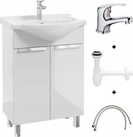 Deftrans Zestaw szafka biała z umywalką bateria chrom i syfon 60x85 cm Lily