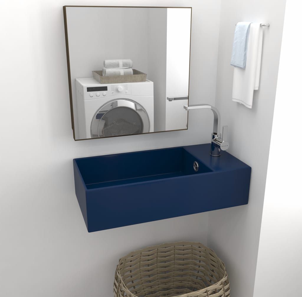 Umywalka vidaXL Ścienna umywalka z otworem przelewowym, ceramika, granatowa (146990)