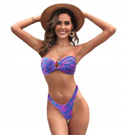 Dwuczęściowy Strój Kąpielowy Bez Ramiączek Bandeau kwiatki niebieski S