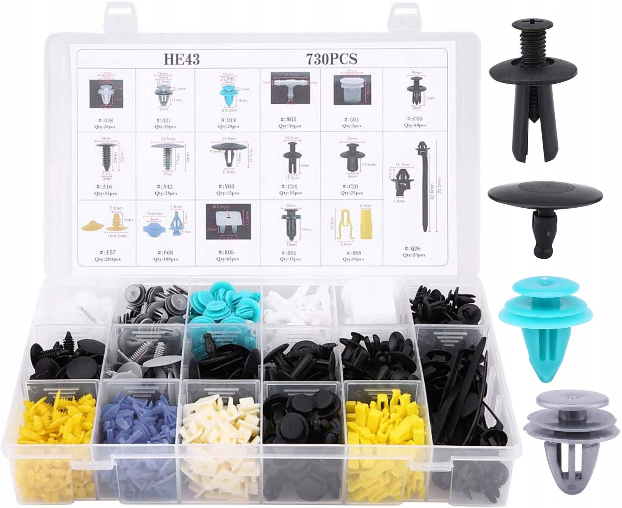 SPINKI KOŁKI KLIPSY SAMOCHODOWE TAPICERKI 730 ELEMENTÓW UNIWERSALNYCH