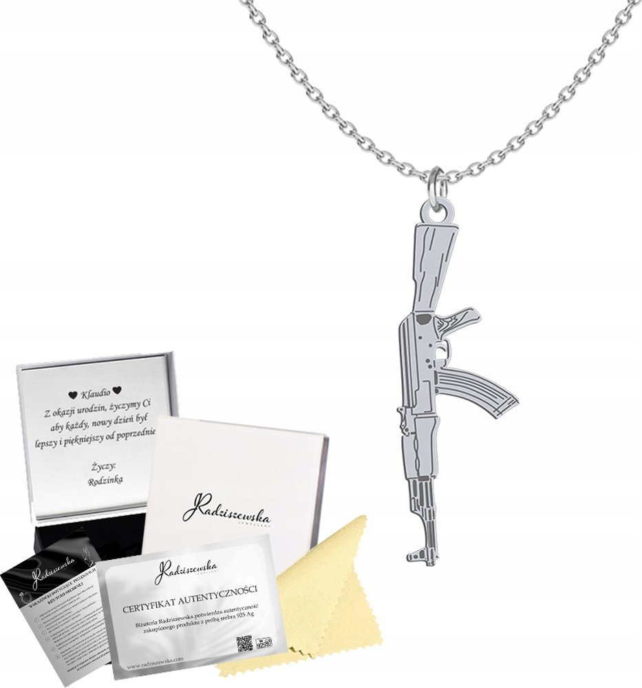 Radziszewska Jewellery Naszyjnik Srebrny KAŁASZNIKOW AK 47 Łańcuszek 925 Prezent DEDYKACJA GRATIS