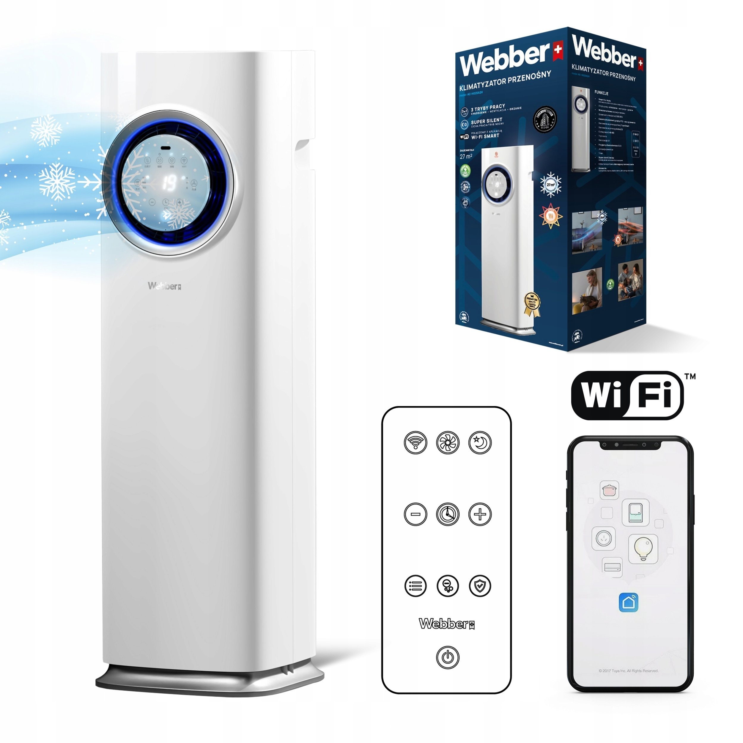 Klimatyzator przenośny cichy 3w1 Webber 1,7kW WiFi Pompa ciepła grzanie