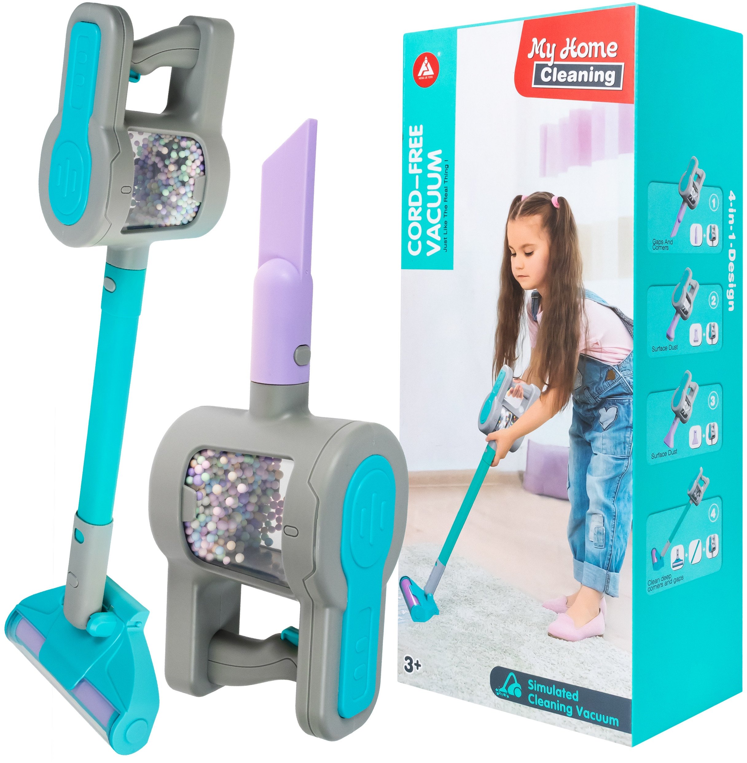 Odkurzacz Dla Dzieci Pionowy 4 Ssawki Kulki Dźwięki Zestaw Do Sprzątania