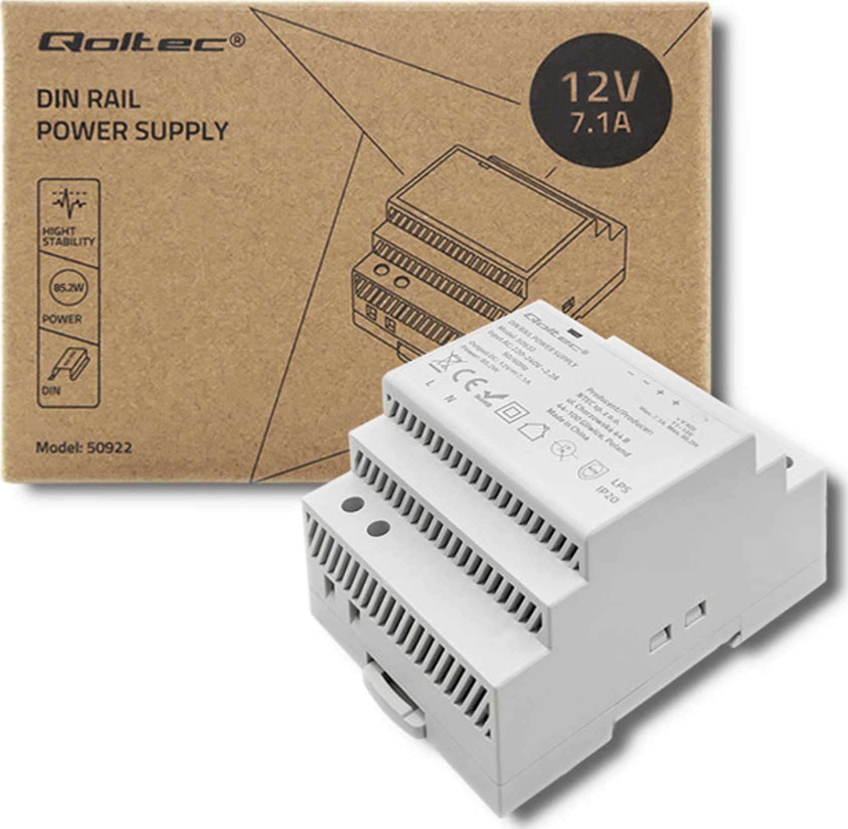 Zasilacz serwerowy Qoltec Qoltec Zasilacz na szynę DIN 85.2W 12V 7.1A Szary