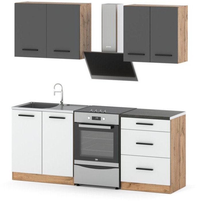 Zestaw Kuchenny Modułowy Nowoczesny Z Blatem 2.0m Mały Wotan Szary Biały