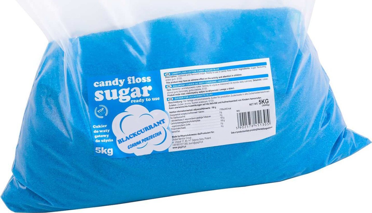 GSG24 Kolorowy cukier do waty cukrowej niebieski o smaku czarnej porzeczki 5kg Kolorowy cukier do waty cukrowej niebieski o smaku czarnej porzeczki 5k