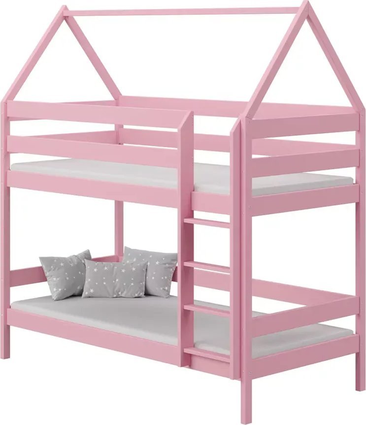 Elior Różowe piętrowe drewniane łóżko dziecięce - Zuzu 3X 190x90 cm