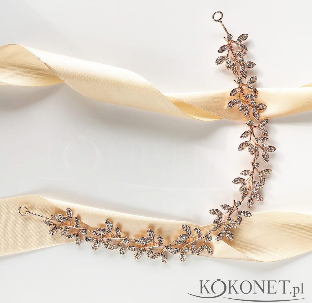 KOKONET Gałązka opaska różowe złoto z listkami i cyrkoniami