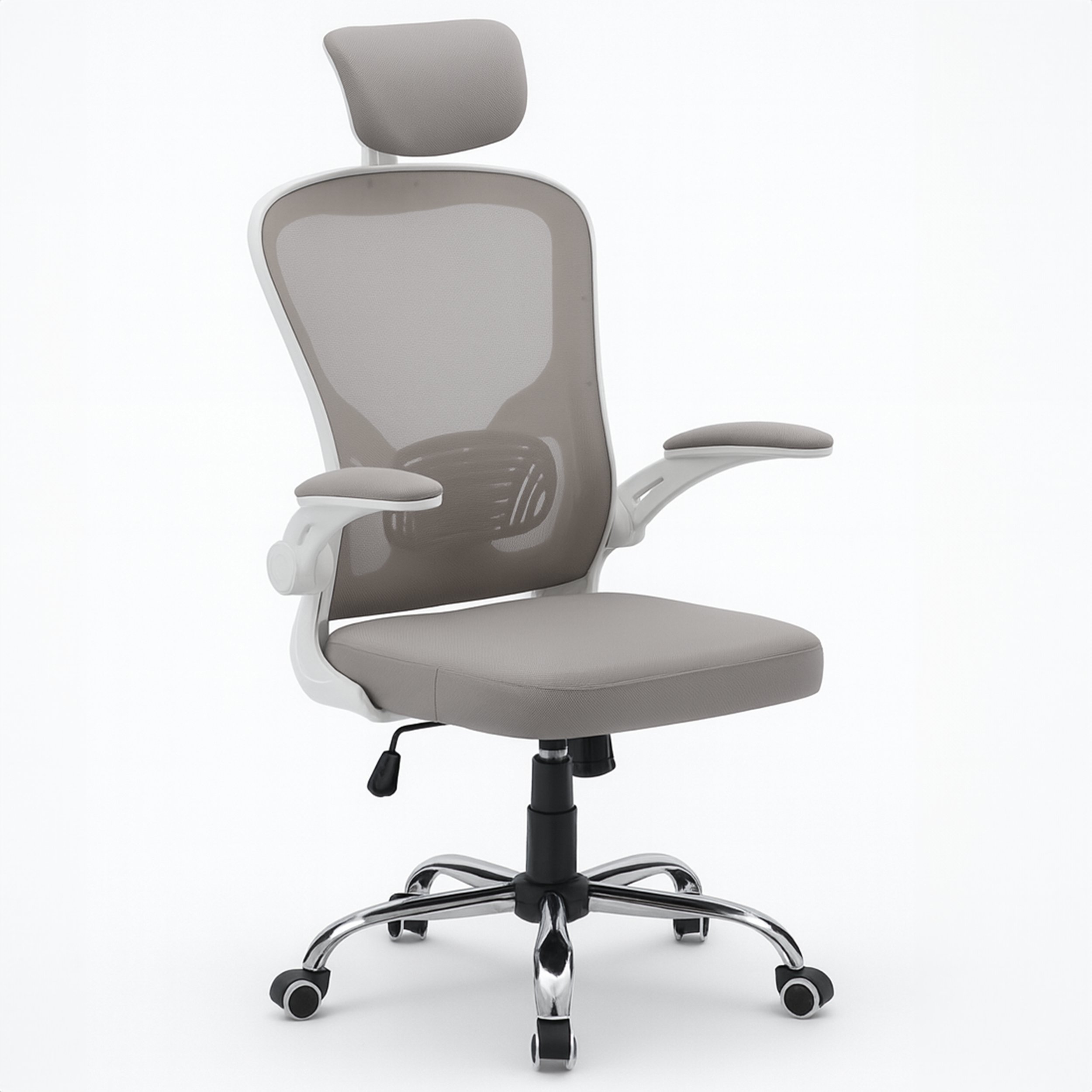 Krzesło biurowe szaro-beż ergonomiczne fotel obrotowe z zagłówkiem