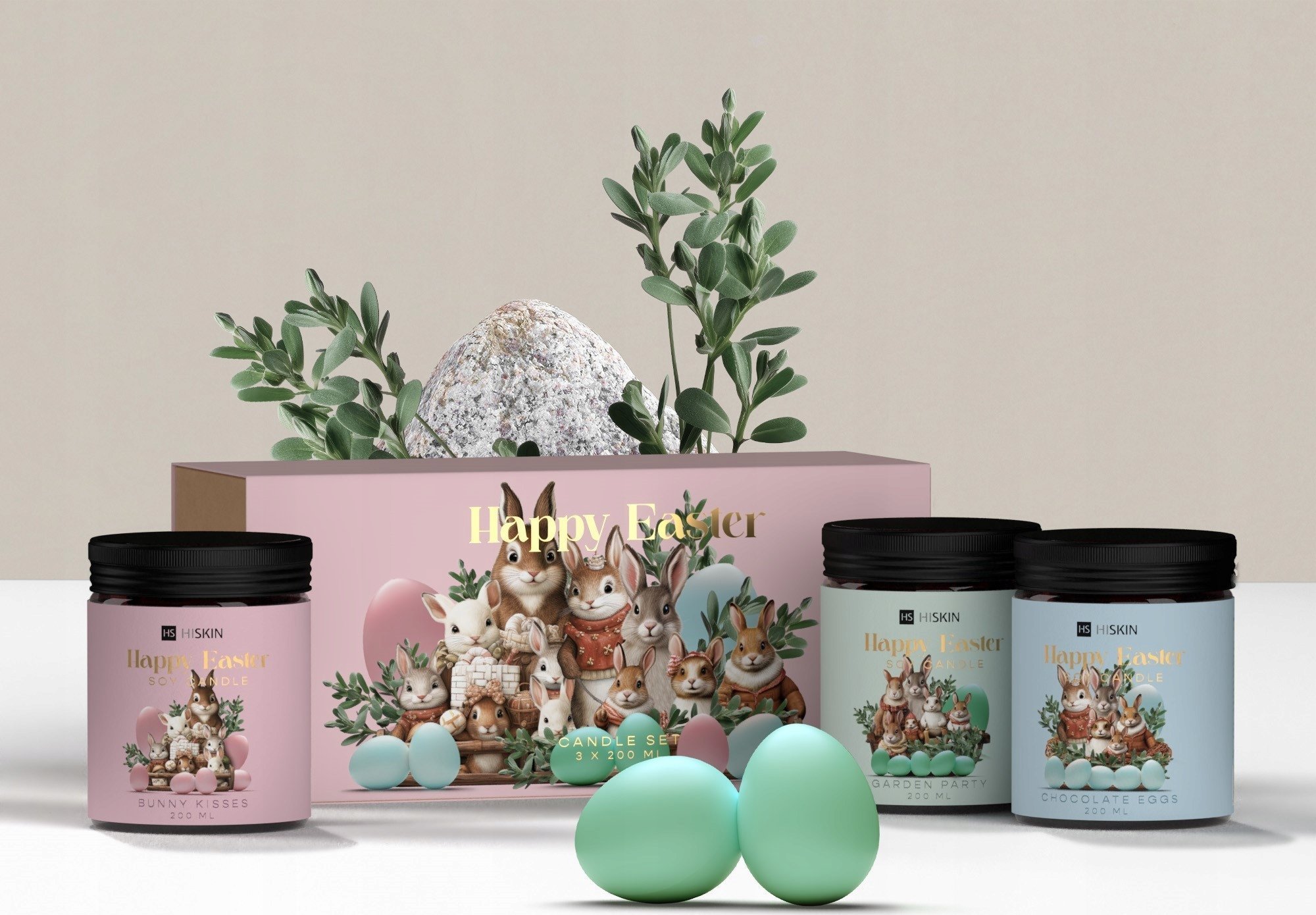 HISKIN_SET Happy Easter świeca sojowa Chocolate Eggs 200ml + świeca sojowa Garden Party 200ml + świeca sojowa Bunny Kisses 200ml