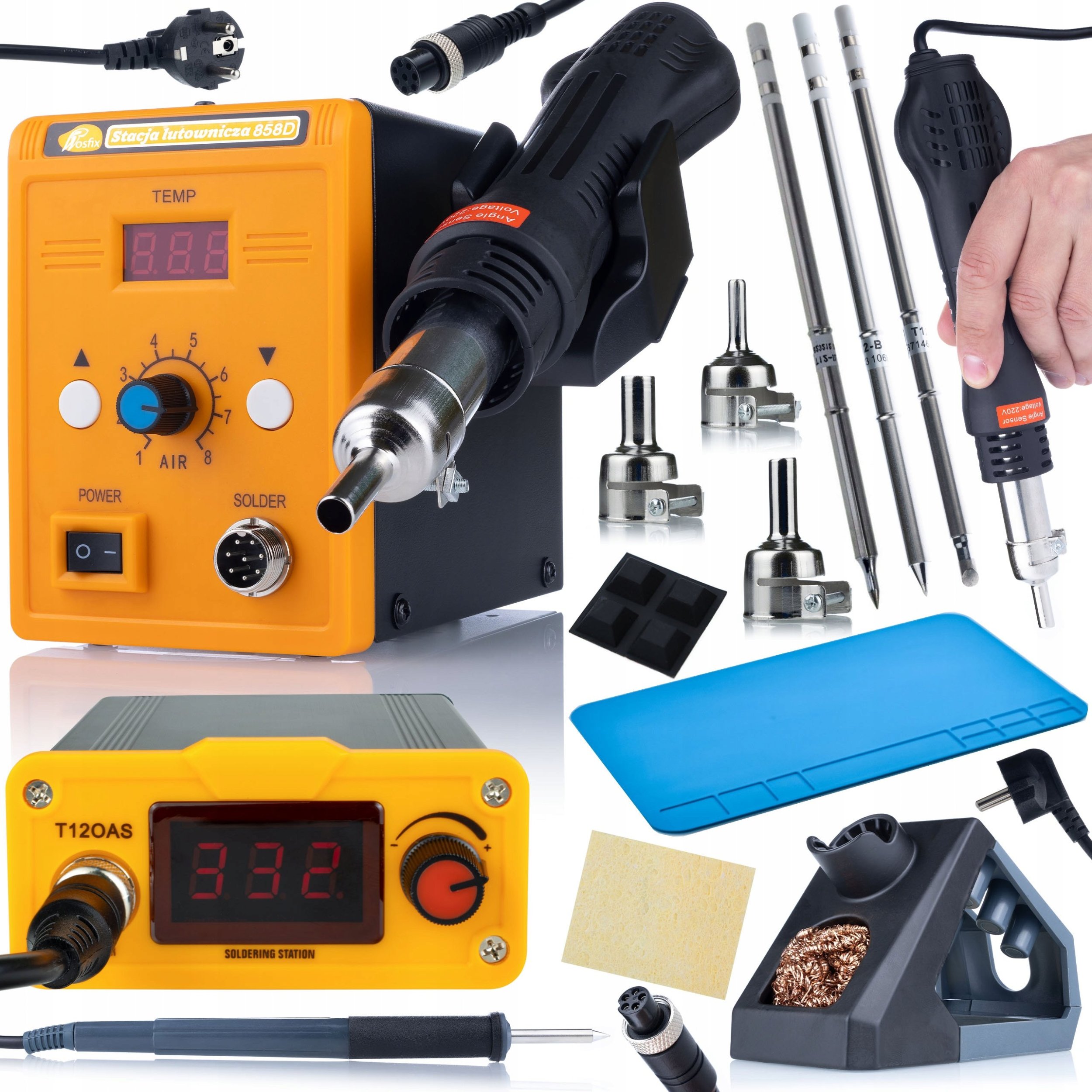 Rosfix ZESTAW STACJA LUTOWNICZA GROTOWA T12 HOT-AIR 858D GROTY T12 SILIKONOWA MATA