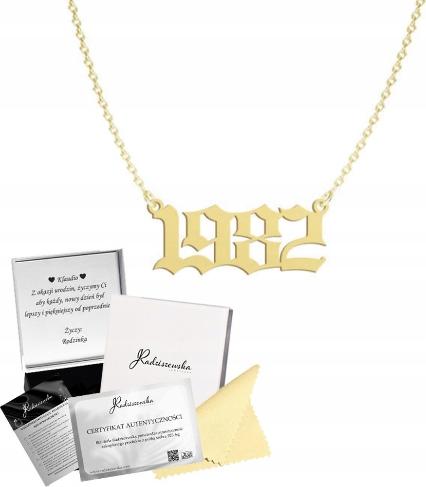 Radziszewska Jewellery Naszyjnik Złoty Data Rocznik Twoja Data Srebro 925 Łańcuszek Dedykacja