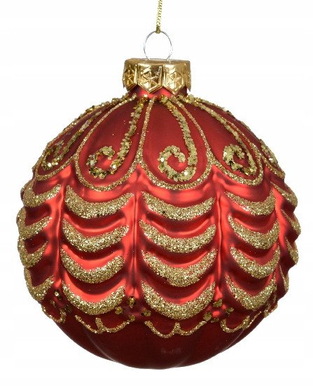 Bombka choinkowa szklana czerwona 10 cm ze złotym brokatowym wzorem