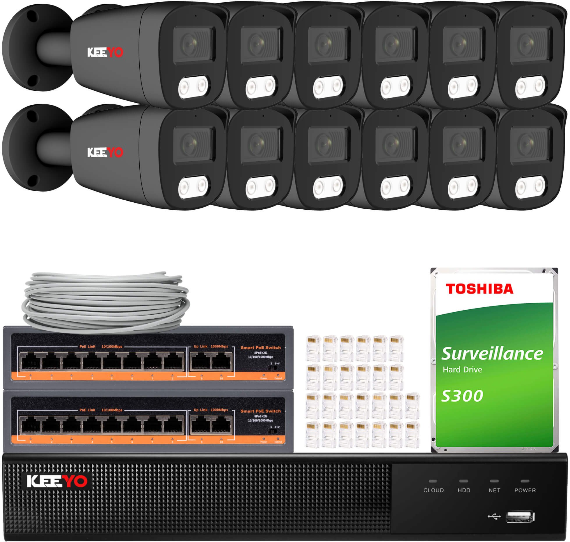 Zestaw do monitoringu IP KEEYO 12x LV-V-IP5M25TF-G-II 5Mpx, IR 25m, Audio, AI, Sony Starvis