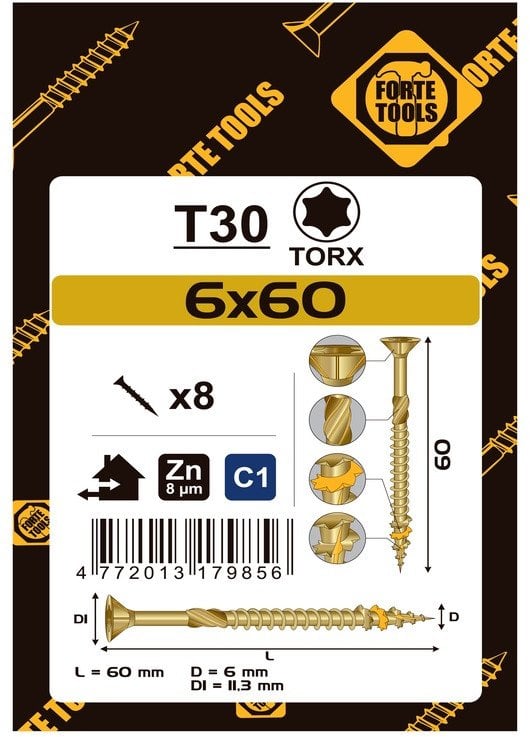 CHIPBOARD SCR T30 6.0X60 YELL ZN8PCS