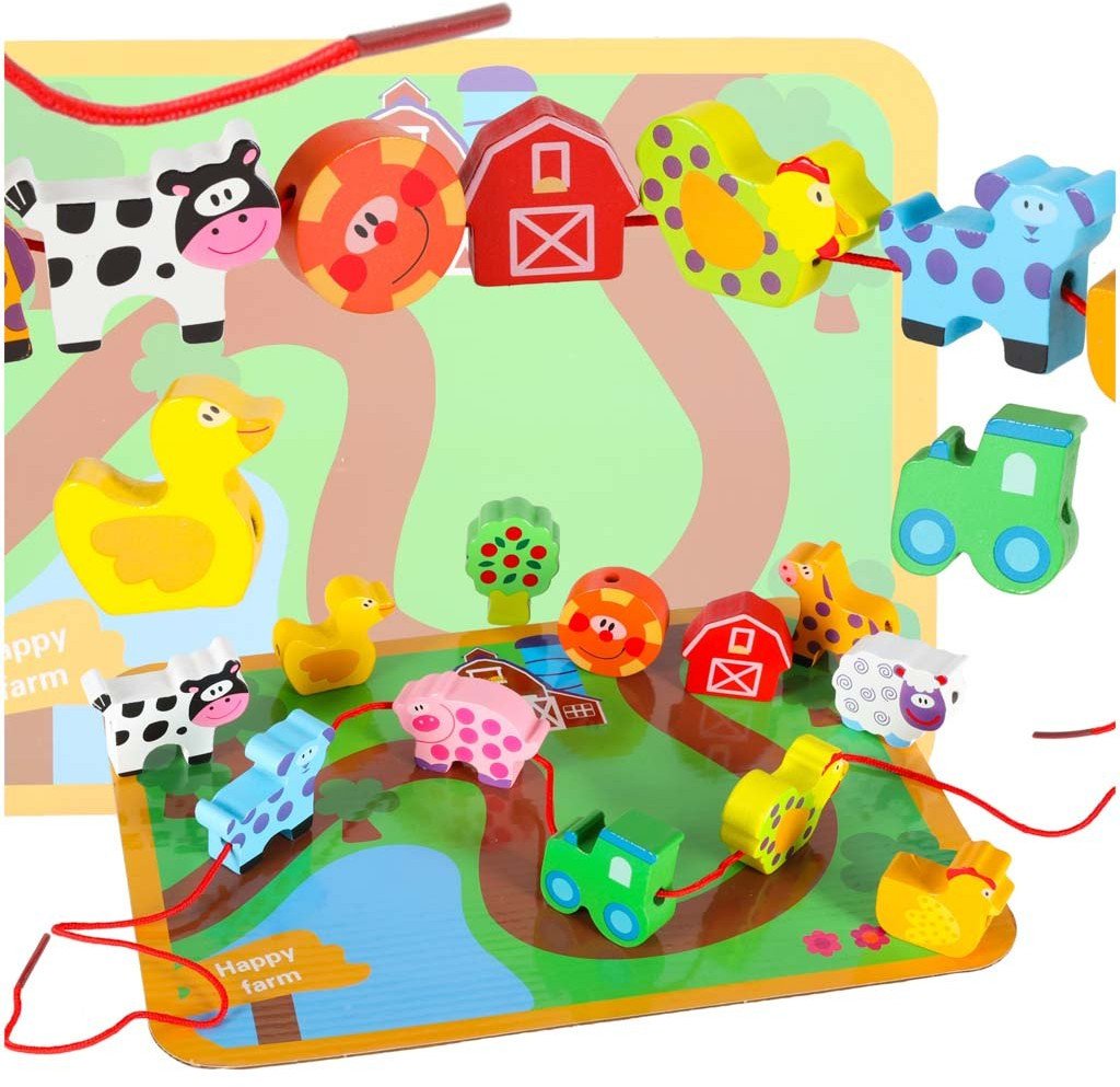 Klocki drewniane do nawlekania tablica plansza farma zwierzęta