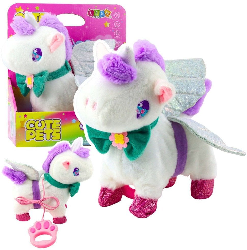 LeanToys Interaktywny Jednorożec Na Smyczy Chodzi Dźwięki Galopu Odpinane Skrzydła