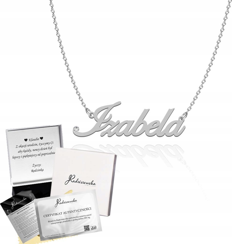 Radziszewska Jewellery Srebrny Łańcuszek z imieniem IZABELA 925 Prezent Biżuteria TABLICZKA GRATIS