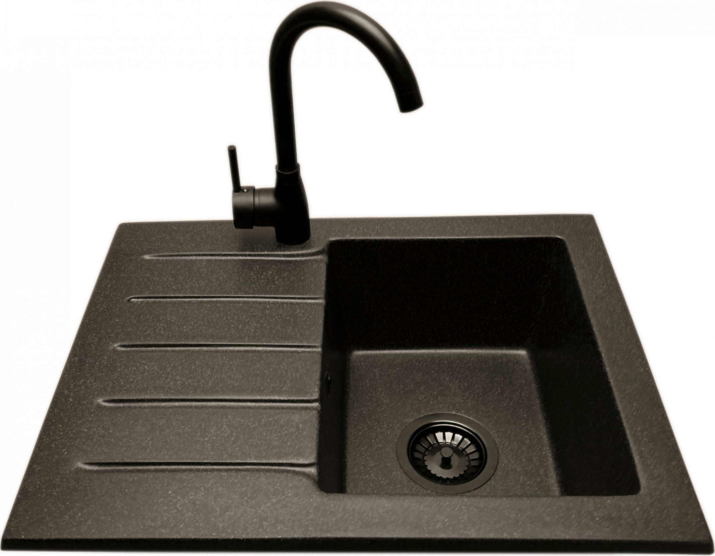 Zlewozmywak PREHNIT Zlewozmywak jednokomorowy z ociekaczem ARAGON grafit z lewym ociekaczem + bateria LUNA