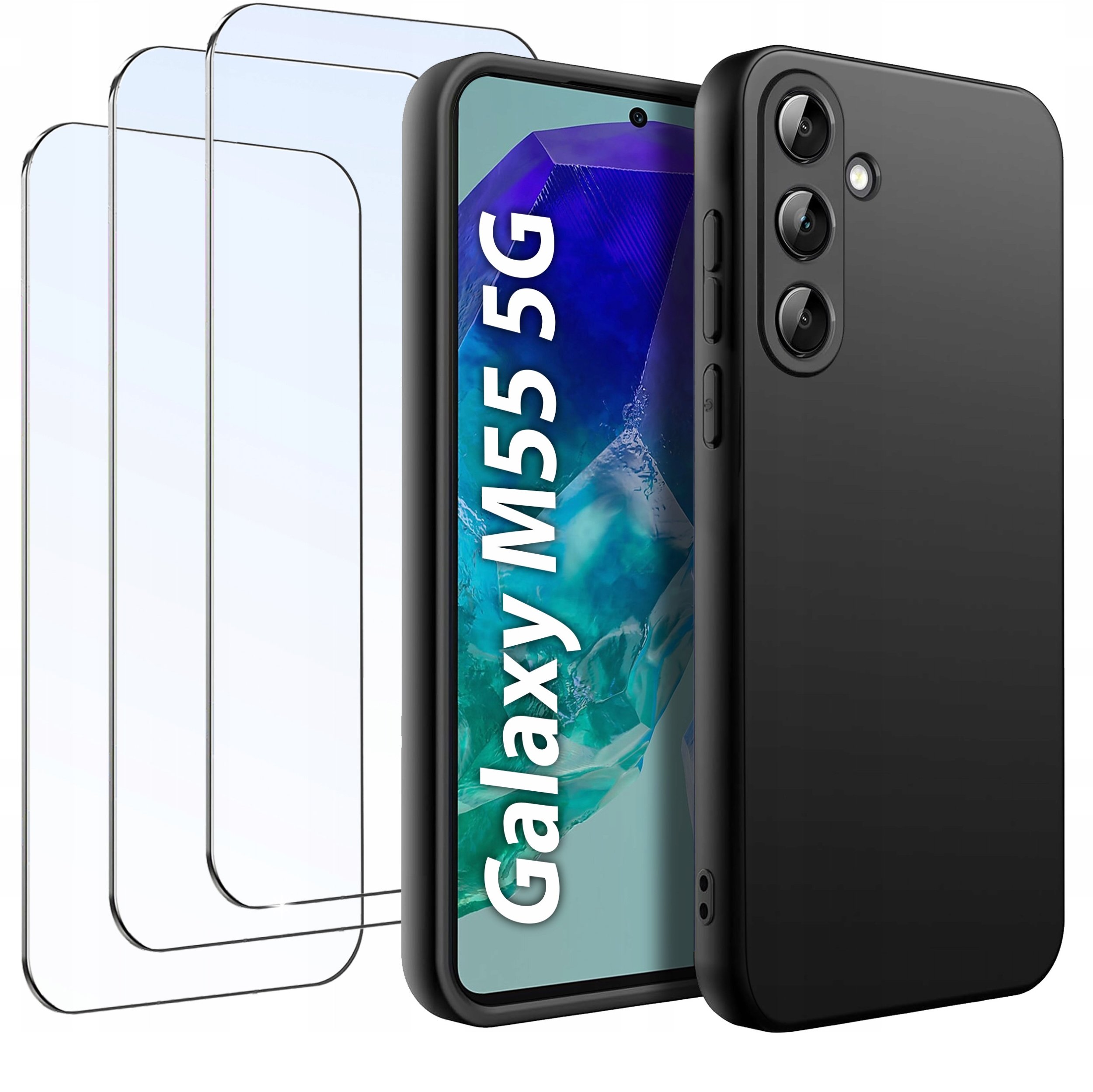 ZESTAW Etui do Samsung M55 5G Matowe Czarne Silikon Slim + 3 SZTUKI SZKŁO