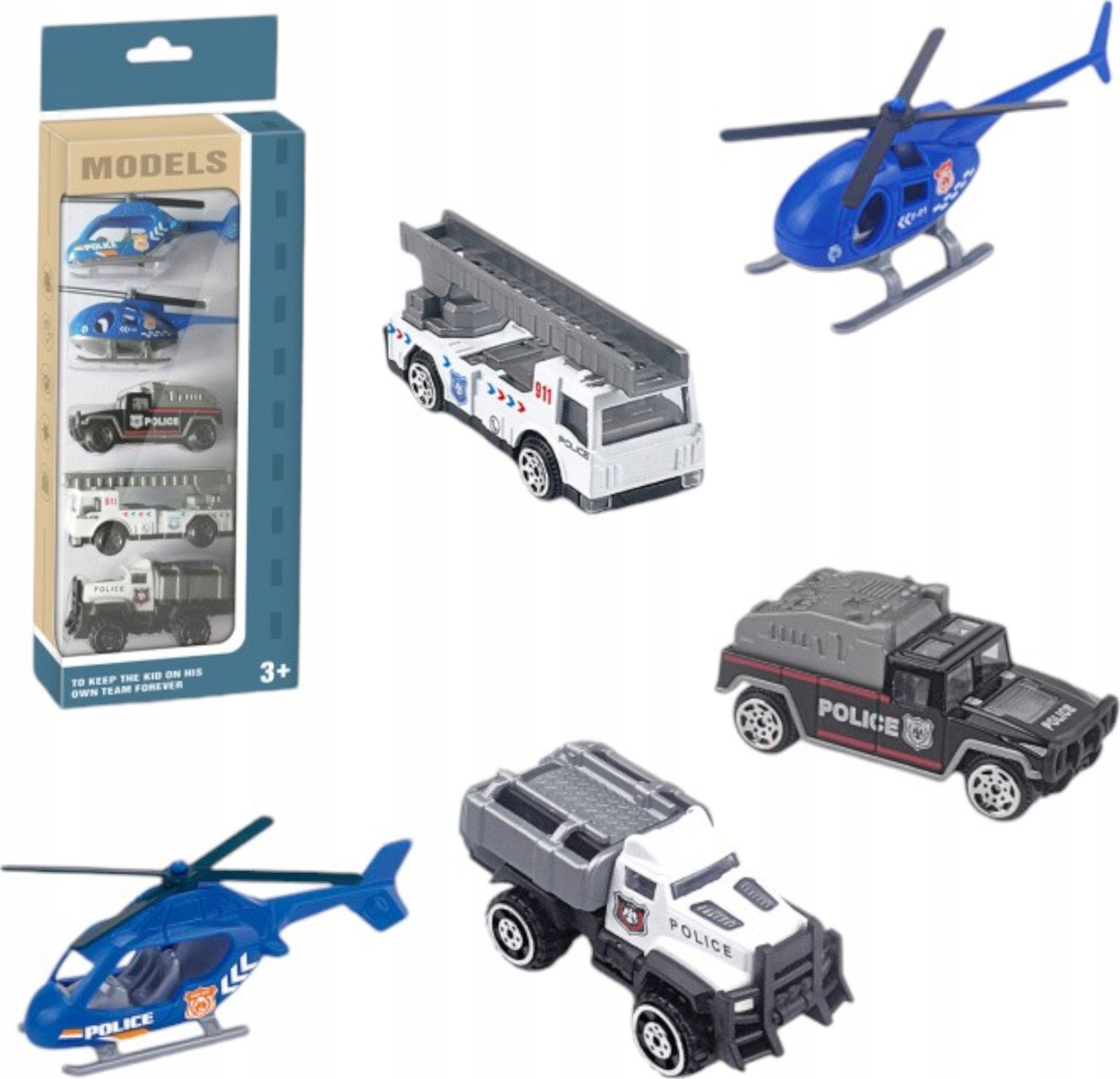 LUXMA Zestaw policyjnych pojazdów resoraki autka 3 wozy i 2 helikoptery 6134P