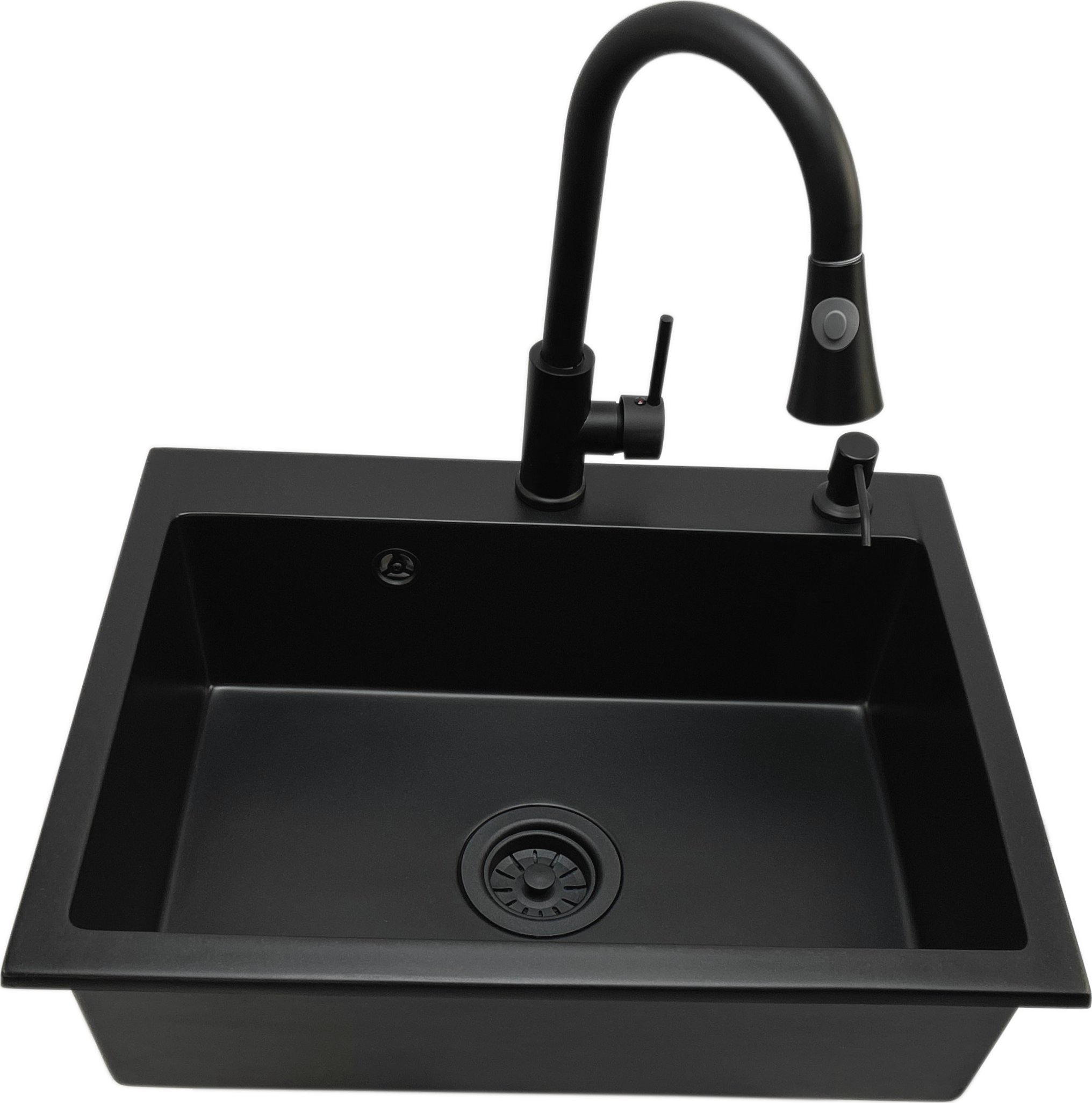 Zlewozmywak PREHNIT Zlewozmywak jednokomorowy ELAN czarny + bateria z wyciąganą wylewką PATELO czarna + dozownik