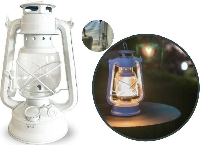 Emalia Rybnik Latarnia Lampa Naftowa Biała z Uchwytem 24 cm