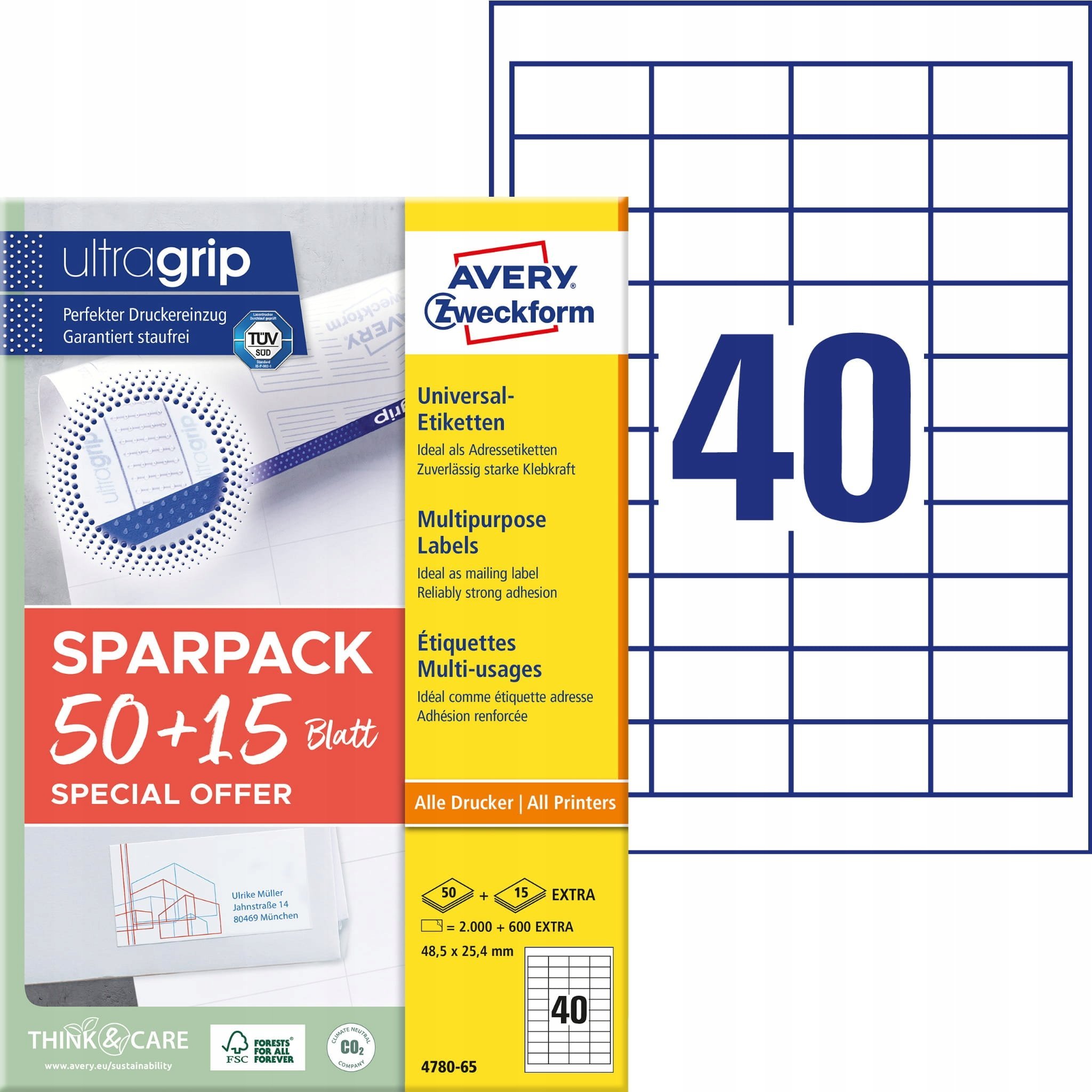 AVERY Universaletiketter Avery 48,5x25,4 mm, hvid med Ultragrip + 30% ekstra indhold - (65 ark x 40 stk.)