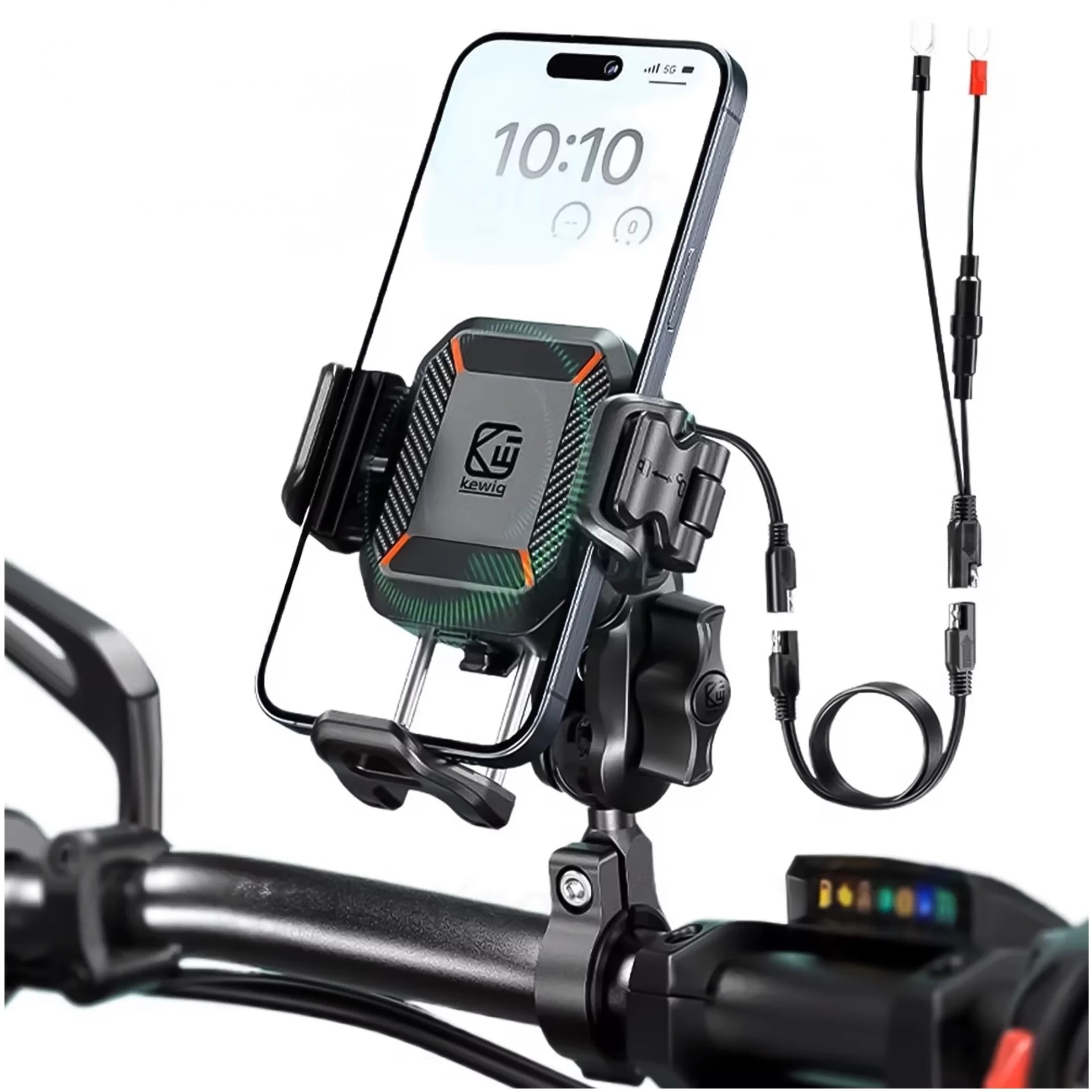 Uchwyt Motocyklowy na kierownicę KEWIG M33-A1 na telefon z ładowarką Qi 15W + PD 30W USB-C z systemem przeciwwstrząsowym na motor quada skuter Czarny