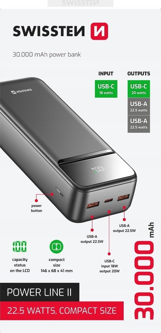 SWISSTEN, Powerbank, POWER LINE II, Li-Pol, 5/9/12V, do �adowania telefon�w i innych urz�dze�, 22013948, 30000mAh, czarna