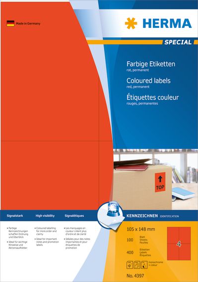Herma Etykiety kolorowe A4, papier matowy czerwony, 400 szt (4397)