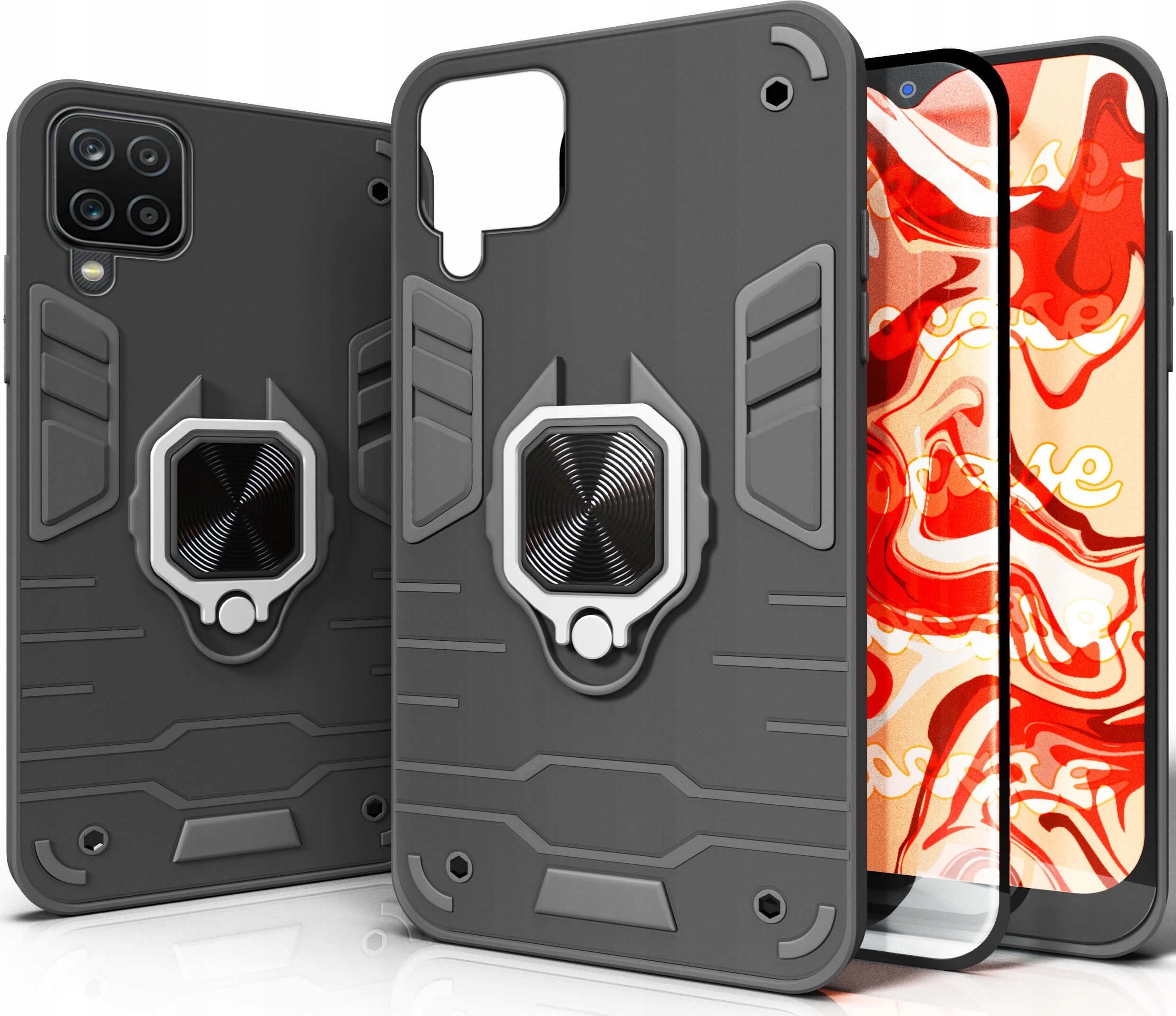 Hello Case ETUI PANCERNE DO SAMSUNG GALAXY A12 CZARNE OBUDOWA ARMOR HOLDER RING SZKŁO