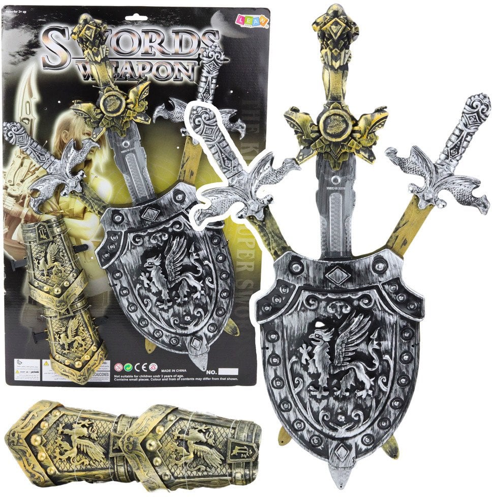 Zestaw Rycerski 3 Miecze Tarcza Ochraniacze Realistyczne Zdobienia
