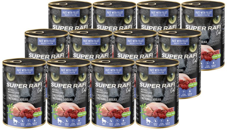 Karma mokra dla kotów Super Rafi Cat z przepiórką i wątróbką z królika zestaw 12 x 400 g