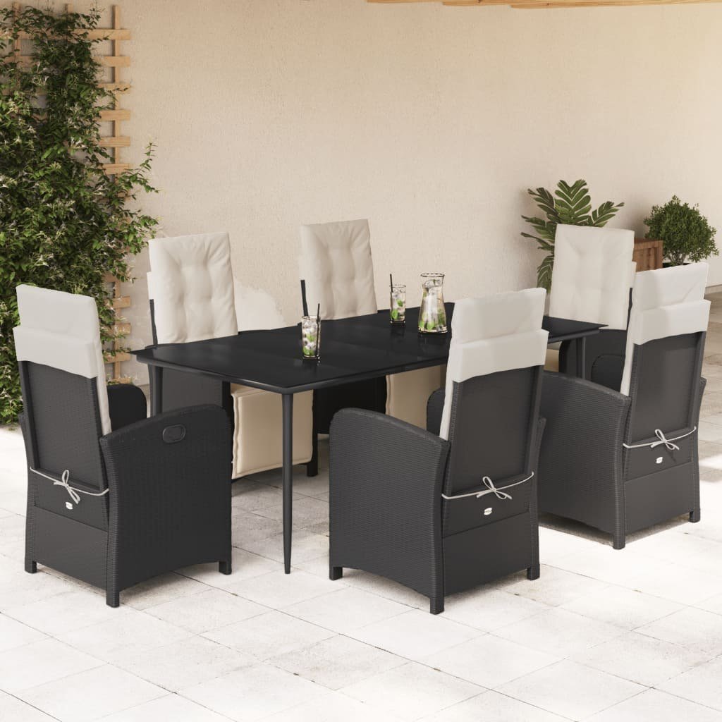 vidaXL VidaXL 7 Piece Patio Dining Set with Cushions Black Poly Rattan