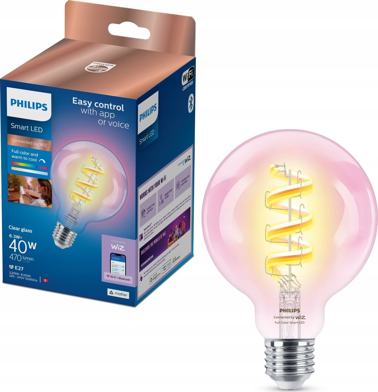 Philips WiZ | Philips Smart WiFi Filament Clear G95 RGB | E27 | 6.3 W | Full colour