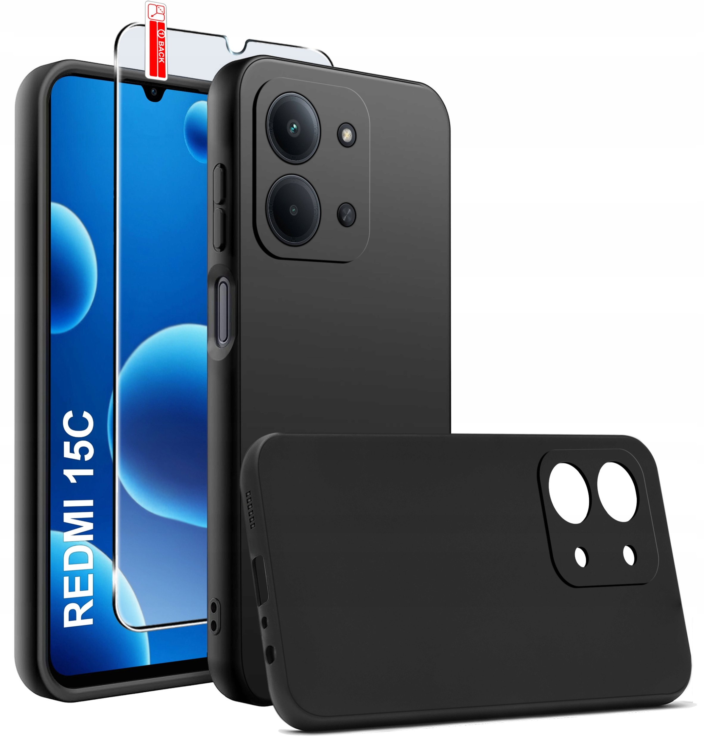 krainaGSM Etui Czarne Matowe Silikon Slim do Xiaomi Redmi 15C 5G + Szkło 9H